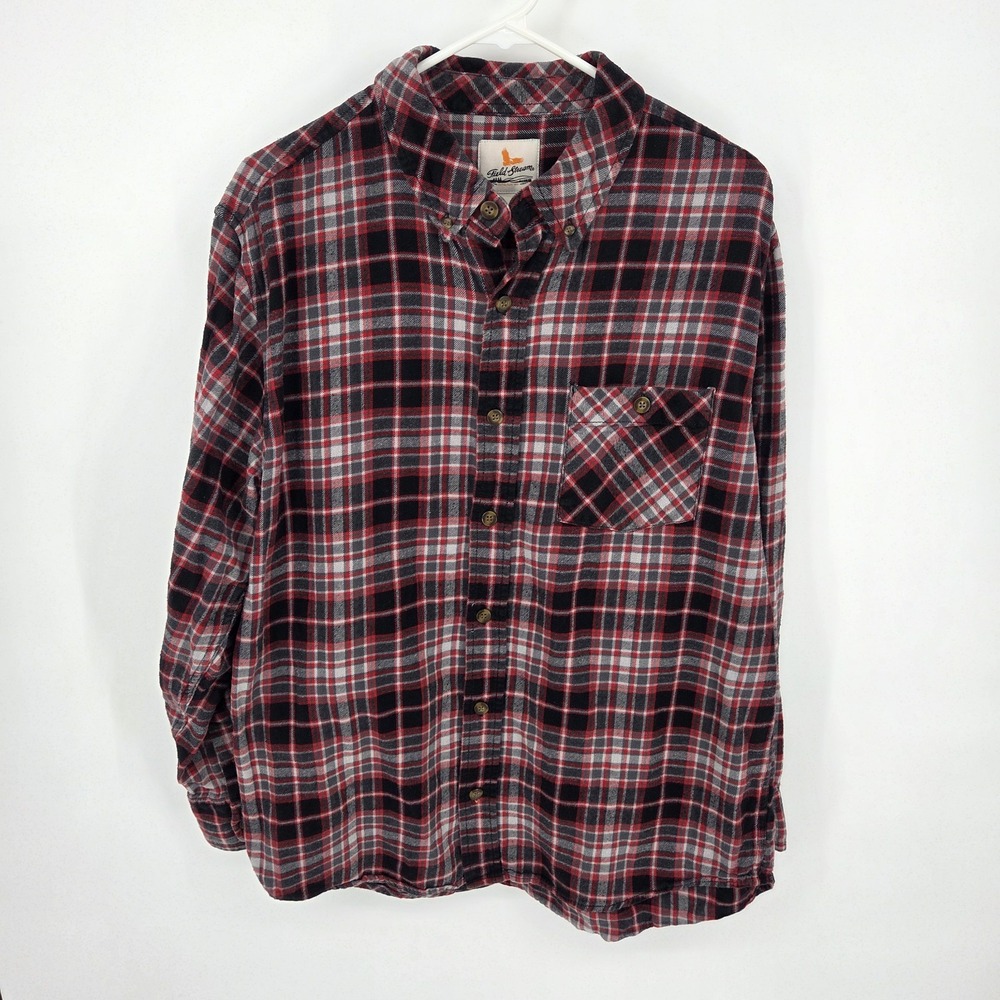 Field and Stream Flannel Shirt Red Black Plaid Size Mens Lrg Long Sleeve Pockets